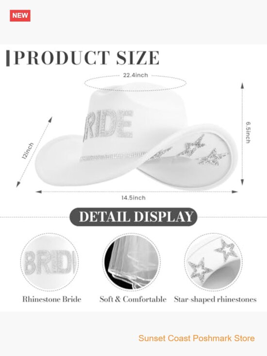 Bride Cowgirl Hat Rhinestone Set with Star Glitter Hat Earrings Necklace main image 4